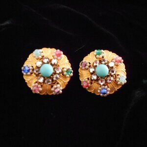 Vintage Glass Bead & Rhinestone Disk Earrings - possibly by Miriam Haskell